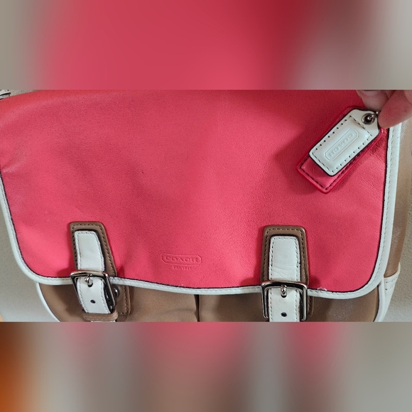 Coach Leather Colour Block Salmon/Tan/Ivory Crossbody Satchel Bagl - Picture 4 of 11